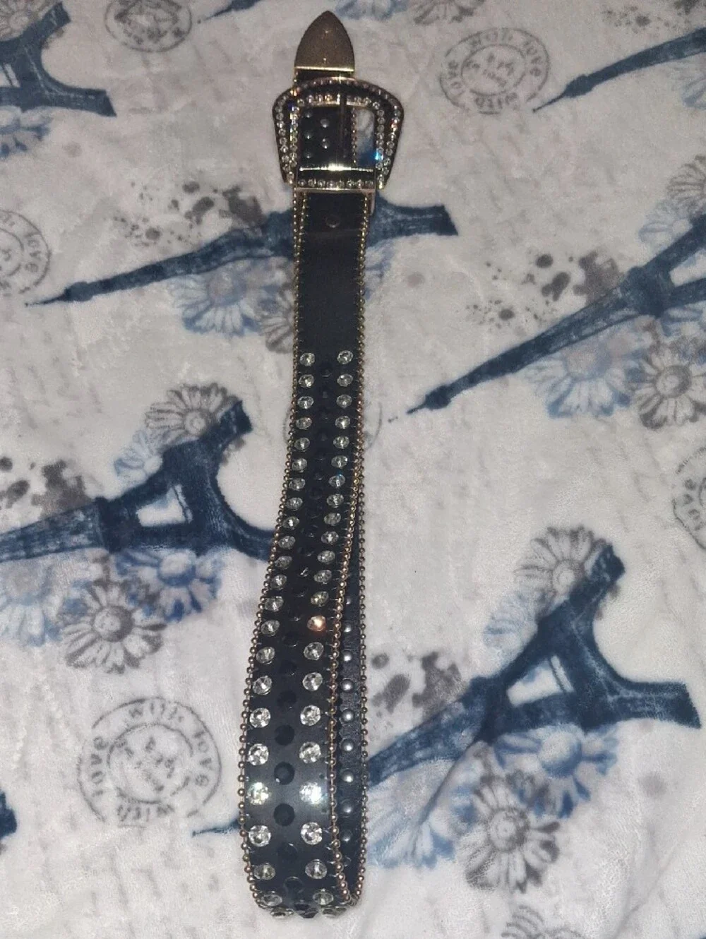Studded Black Leather Belt with Crystal Accents